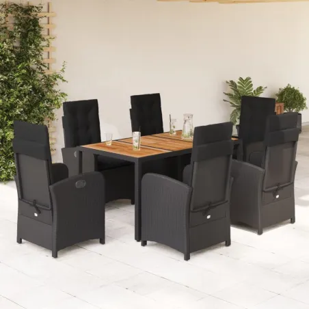 Ensemble à manger de jardin coussins 7pcs Noir Résine tressée