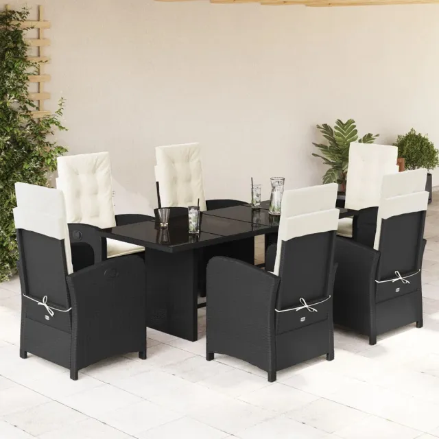 Ensemble à manger de jardin coussins 7pcs Noir Résine tressée