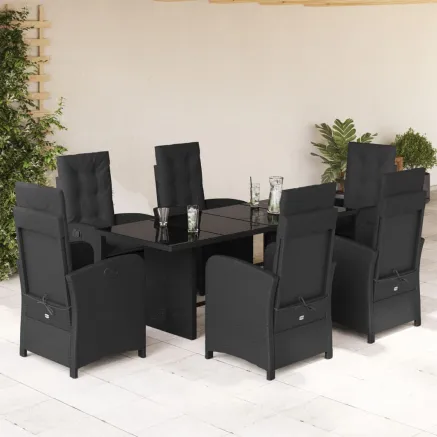 Ensemble à manger de jardin coussins 7pcs Noir Résine tressée