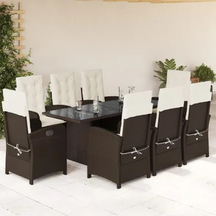 Ensemble à manger de jardin et coussins 9 pcs marron poly rotin