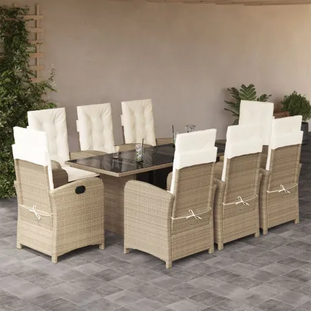 Ensemble à manger de jardin et coussins 9 pcs beige Poly rotin
