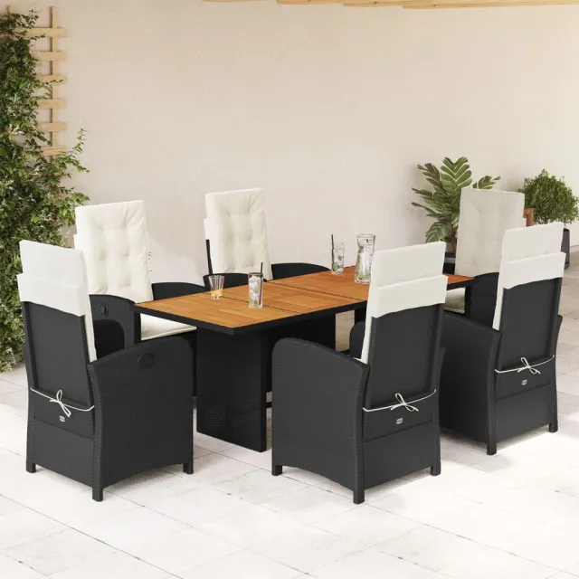 Ensemble à manger de jardin coussins 7pcs Noir Résine tressée