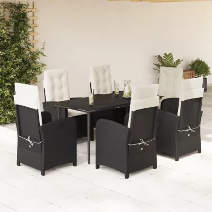 Ensemble à manger de jardin coussins 7pcs Noir Résine tressée