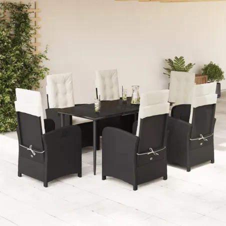 Ensemble à manger de jardin coussins 7pcs Noir Résine tressée