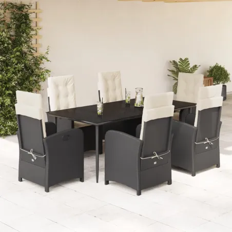 Ensemble à manger de jardin coussins 7pcs Noir Résine tressée