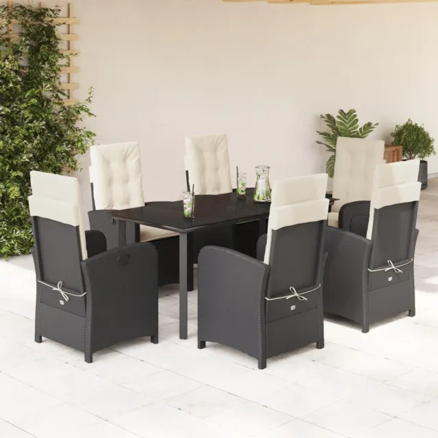 Ensemble à manger de jardin coussins 7pcs Noir Résine tressée