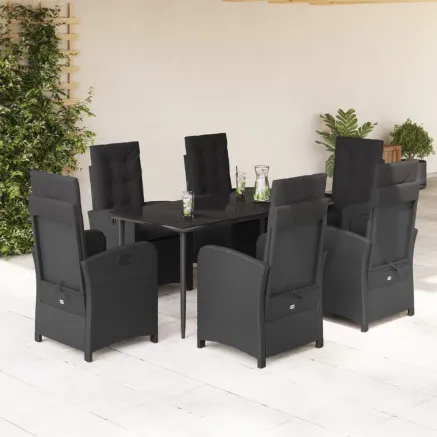 Ensemble à manger de jardin coussins 7pcs Noir Résine tressée