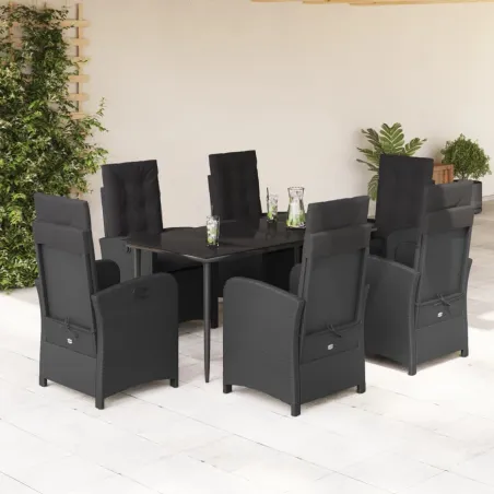Ensemble à manger de jardin coussins 7pcs Noir Résine tressée