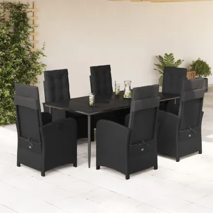 Ensemble à manger de jardin coussins 7pcs Noir Résine tressée