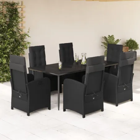Ensemble à manger de jardin coussins 7pcs Noir Résine tressée