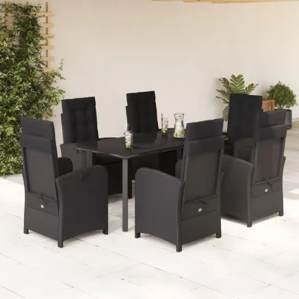 Ensemble à manger de jardin coussins 7pcs Noir Résine tressée