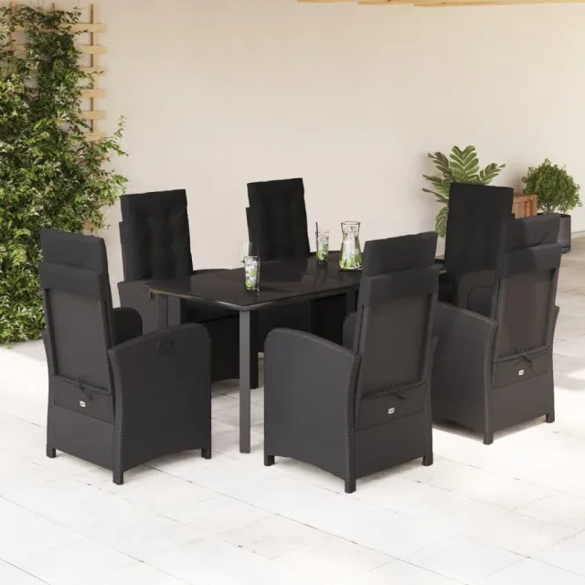 Ensemble à manger de jardin coussins 7pcs Noir Résine tressée