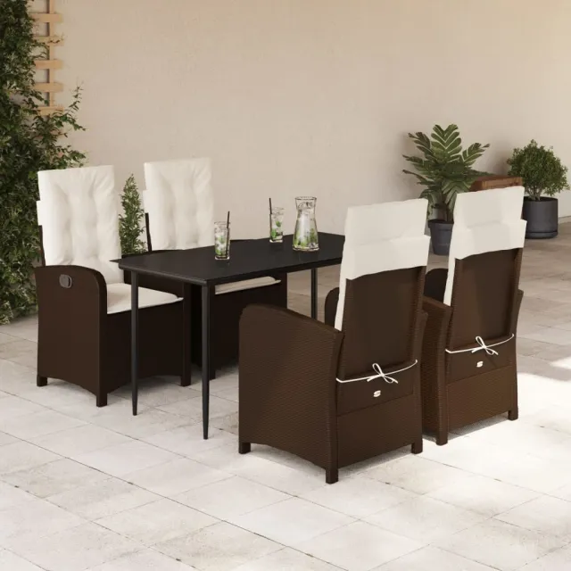Ensemble à manger de jardin 5 pcs et coussins marron poly rotin