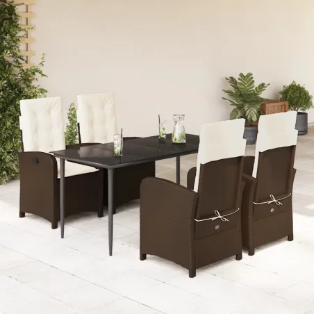 Ensemble à manger de jardin 5 pcs et coussins marron poly rotin
