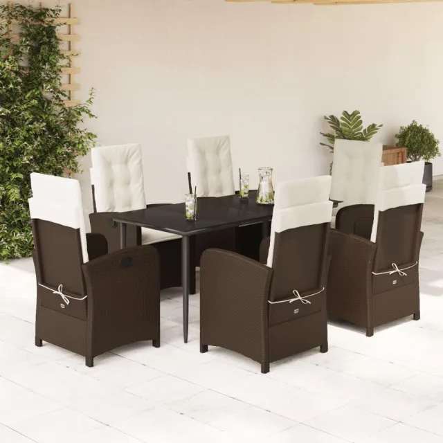 Ensemble à manger de jardin et coussins 7 pcs marron rotin