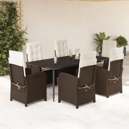 Ensemble à manger de jardin et coussins 7 pcs marron rotin