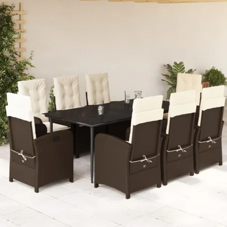 Ensemble à manger de jardin et coussins 9 pcs marron poly rotin