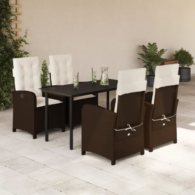 Ensemble à manger de jardin 5 pcs et coussins marron poly rotin