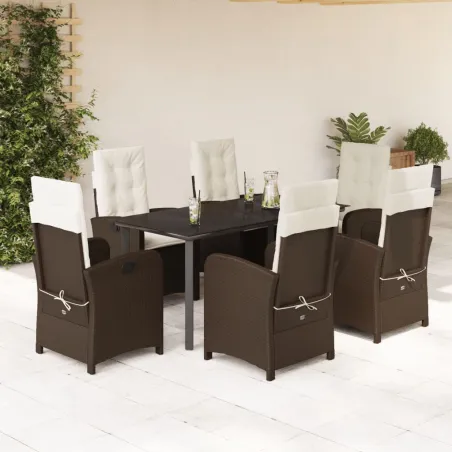 Ensemble à manger de jardin et coussins 7 pcs marron rotin