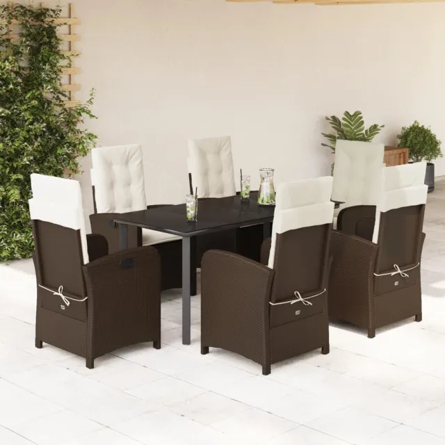 Ensemble à manger de jardin et coussins 7 pcs marron rotin