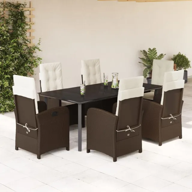 Ensemble à manger de jardin et coussins 7 pcs marron rotin