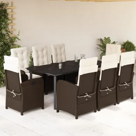 Ensemble à manger de jardin et coussins 9 pcs marron poly rotin