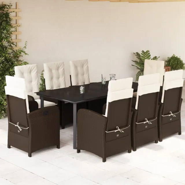 Ensemble à manger de jardin et coussins 9 pcs marron poly rotin