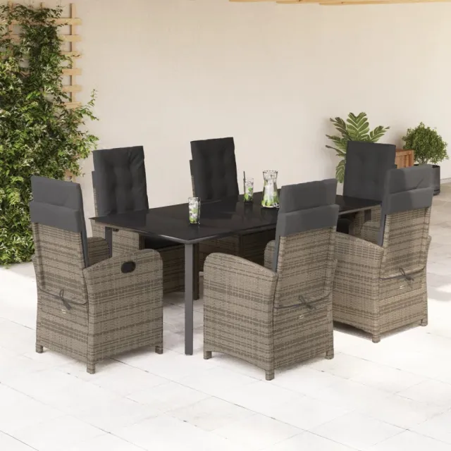 Ensemble à manger de jardin et coussins 7 pcs gris rotin