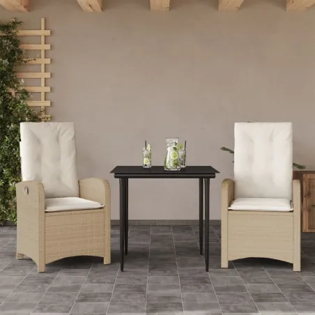 Ensemble à manger de jardin et coussins 3 pcs Beige poly rotin