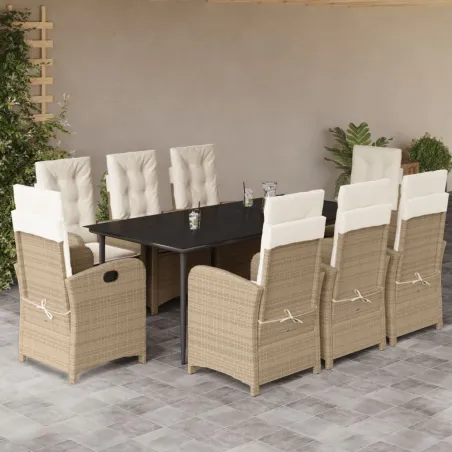 Ensemble à manger de jardin et coussins 9 pcs beige Poly rotin