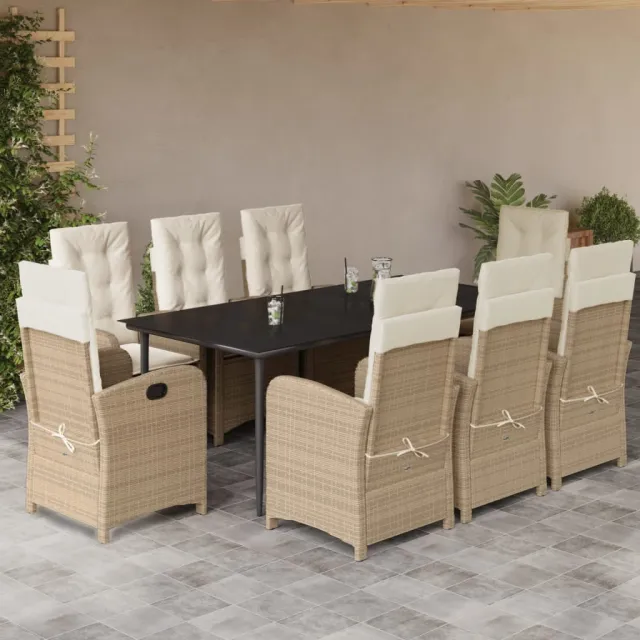 Ensemble à manger de jardin et coussins 9 pcs beige Poly rotin
