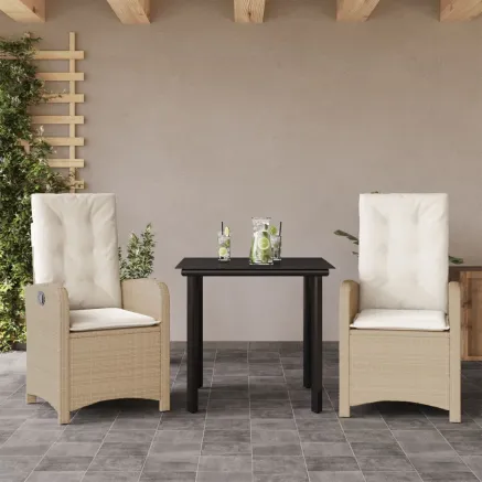 Ensemble à manger de jardin et coussins 3 pcs Beige poly rotin