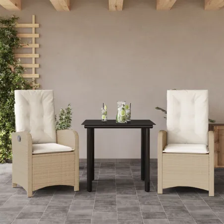 Ensemble à manger de jardin et coussins 3 pcs Beige poly rotin