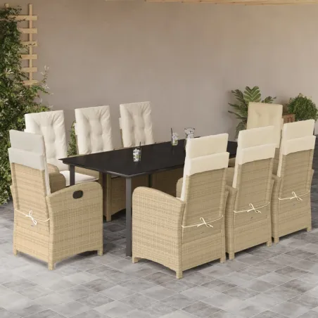Ensemble à manger de jardin et coussins 9 pcs beige Poly rotin