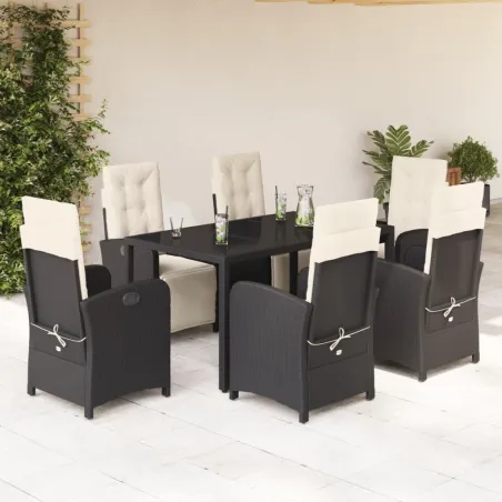Ensemble à manger de jardin coussins 7pcs Noir Résine tressée