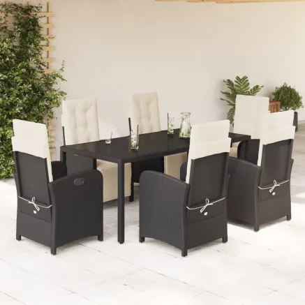 Ensemble à manger de jardin coussins 7pcs Noir Résine tressée
