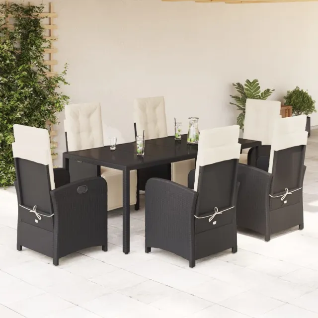 Ensemble à manger de jardin coussins 7pcs Noir Résine tressée
