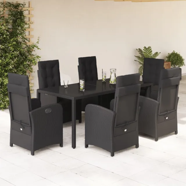Ensemble à manger de jardin coussins 7pcs Noir Résine tressée