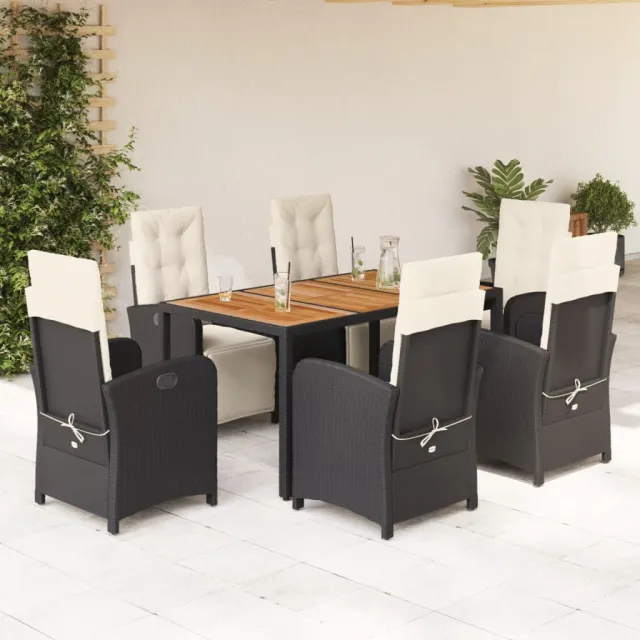 Ensemble à manger de jardin coussins 7pcs Noir Résine tressée