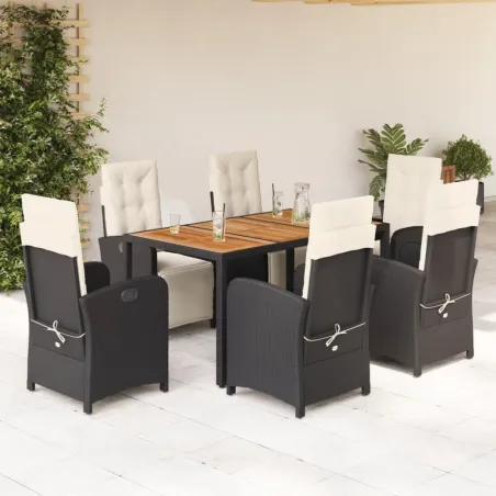 Ensemble à manger de jardin coussins 7pcs Noir Résine tressée