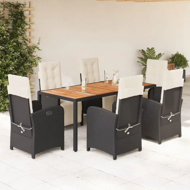 Ensemble à manger de jardin coussins 7pcs Noir Résine tressée