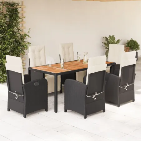 Ensemble à manger de jardin coussins 7pcs Noir Résine tressée
