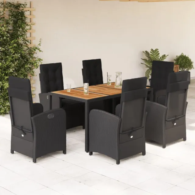 Ensemble à manger de jardin coussins 7pcs Noir Résine tressée