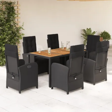 Ensemble à manger de jardin coussins 7pcs Noir Résine tressée