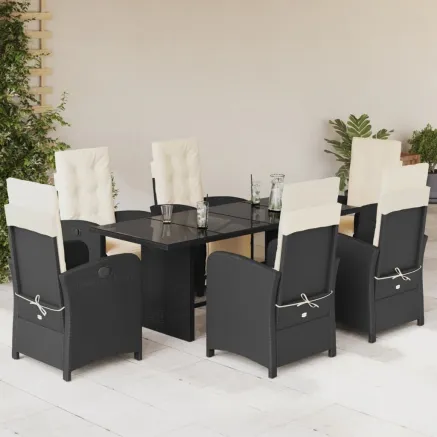 Ensemble à manger de jardin coussins 7pcs Noir Résine tressée