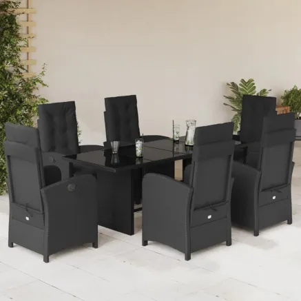 Ensemble à manger de jardin coussins 7pcs Noir Résine tressée