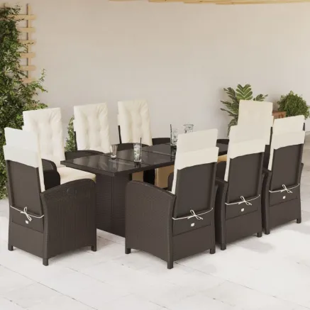 Ensemble à manger de jardin et coussins 9 pcs marron poly rotin