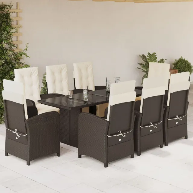 Ensemble à manger de jardin et coussins 9 pcs marron poly rotin
