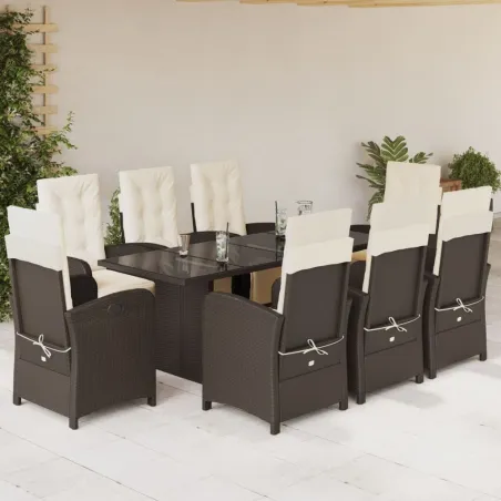 Ensemble à manger de jardin et coussins 9 pcs marron poly rotin