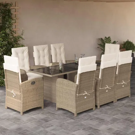 Ensemble à manger de jardin et coussins 9 pcs beige Poly rotin